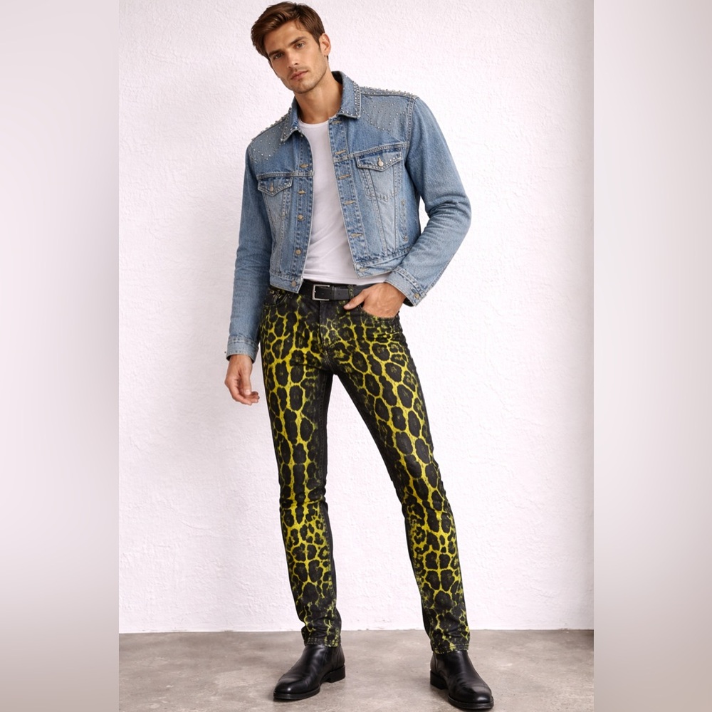 Pierre Balmain Yellow and Black Leopard Skinny Jeans